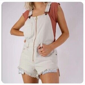 Free People Sunkissed Denim Zip Up Shortalls Light Beige Women's 2